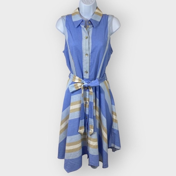 1. STATE | Linen Striped Sleeveless Swing Dress Mother of Pearl Button Up - Picture 1 of 14